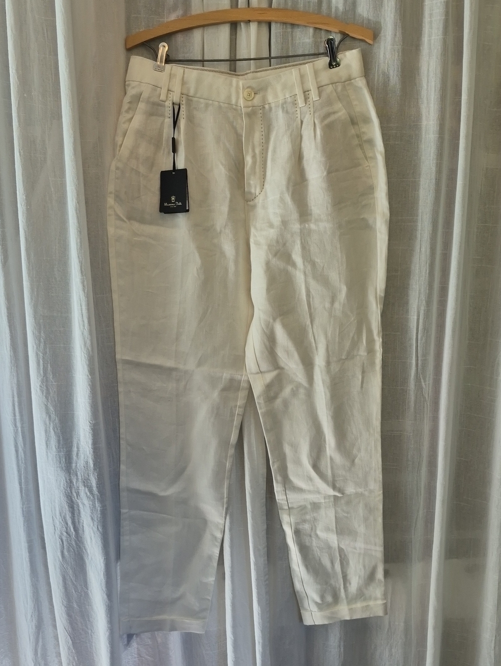 Massimo Dutti Cream Pleated 100% Linen Chinos